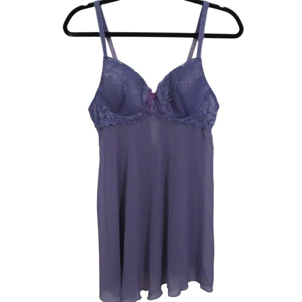 Delicates Womens Sz M Purple Baby Doll Sheer Baby Doll Lace Trim